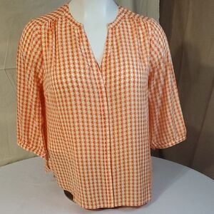 NYDJ Orange/White Diamond Pattern NWT Button Up V-neck Flowy 3/4 Blouse Size 0X